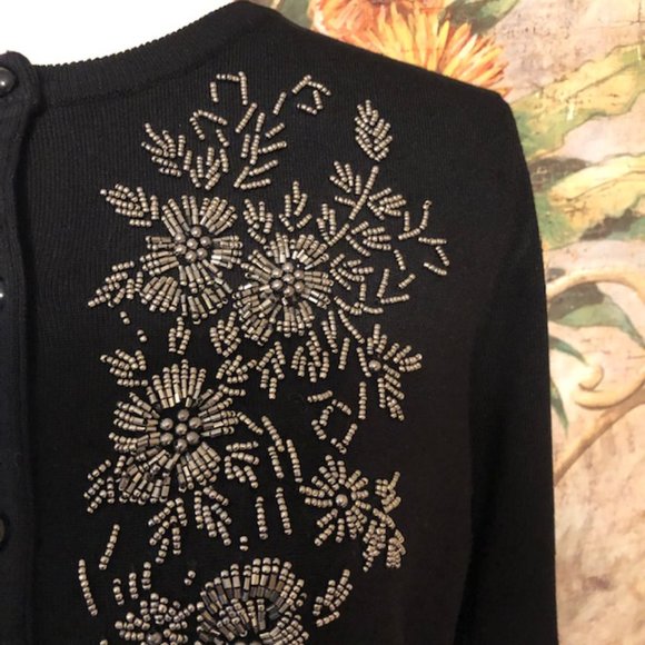 Sz L Spense Silver Beaded Floral Black Cardigan - Picture 4 of 9